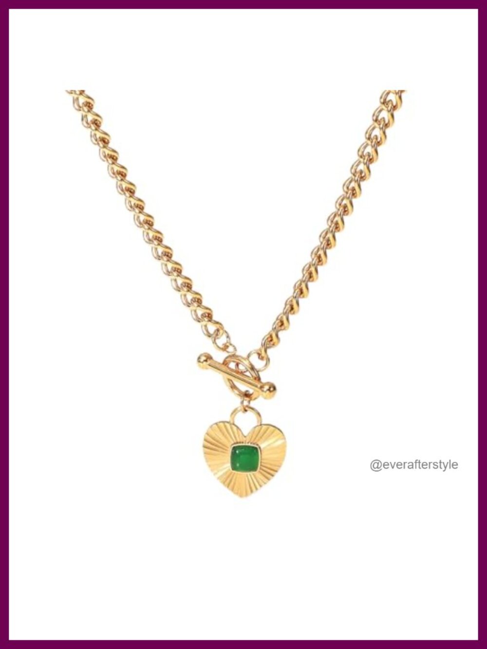 18K Gold Plated Stainless Steel Green Agate Heart Necklace Curb Chain Toggle